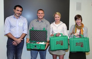 Receiving our DAN oxygen kits from Dan Mathias.